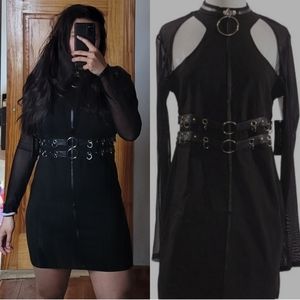 Restyle goth gothic emo chain choker full zip up mesh long sleeve dress